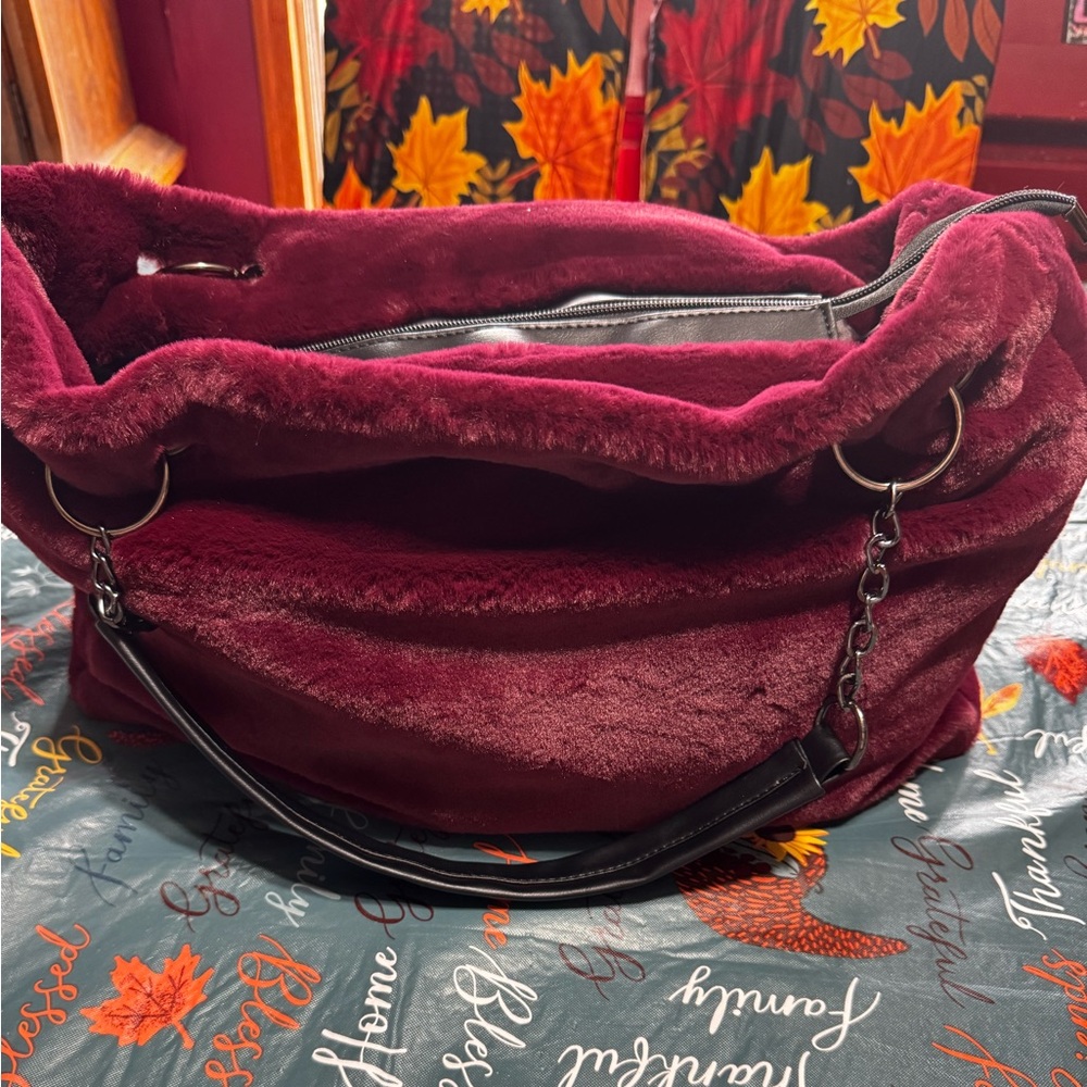 Faux Fur Satchel Deep Red